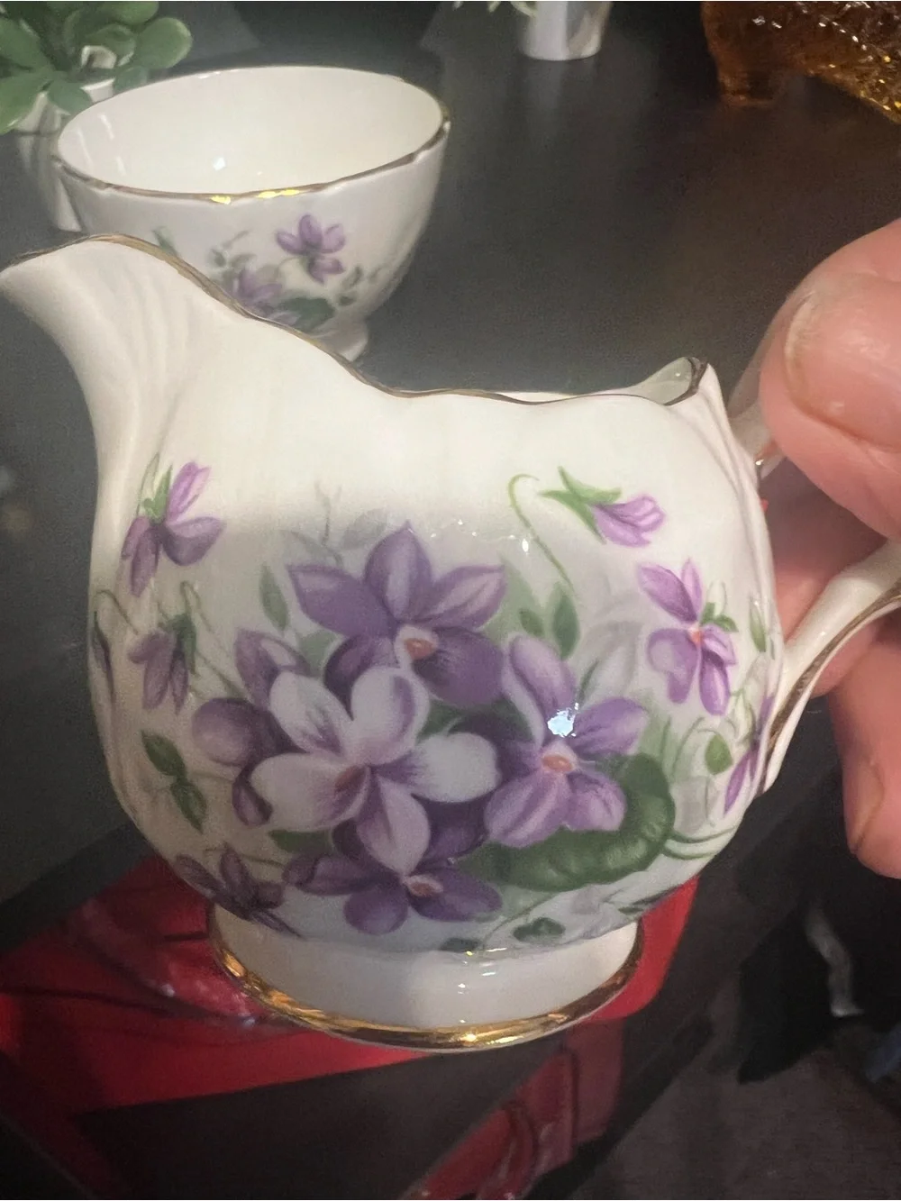 England Floral Bone China Creamer and Sugar Bowl - Purple Flowers